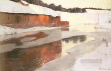 冬の氷の川の近くの工場の建物 ノルウェーのフリット タウロー Oil Paintings